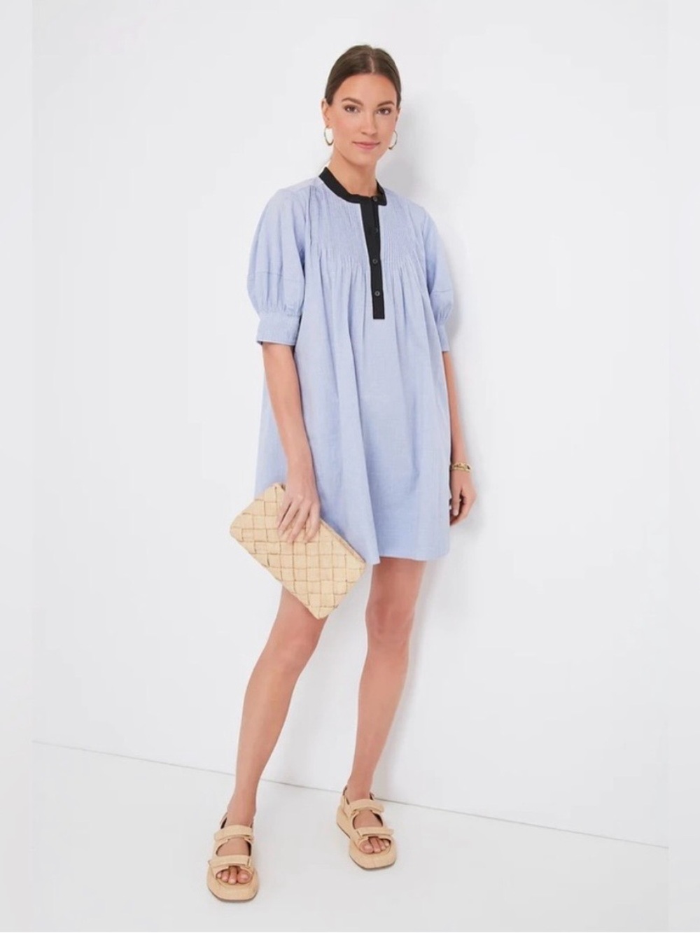 Pomander Place Tuckernuck Light Blue Pintuck Puff Sleeve Shift Mini Dress Sz L